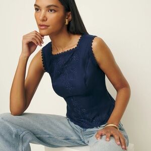 Navy Embroidered Sleeveless Top